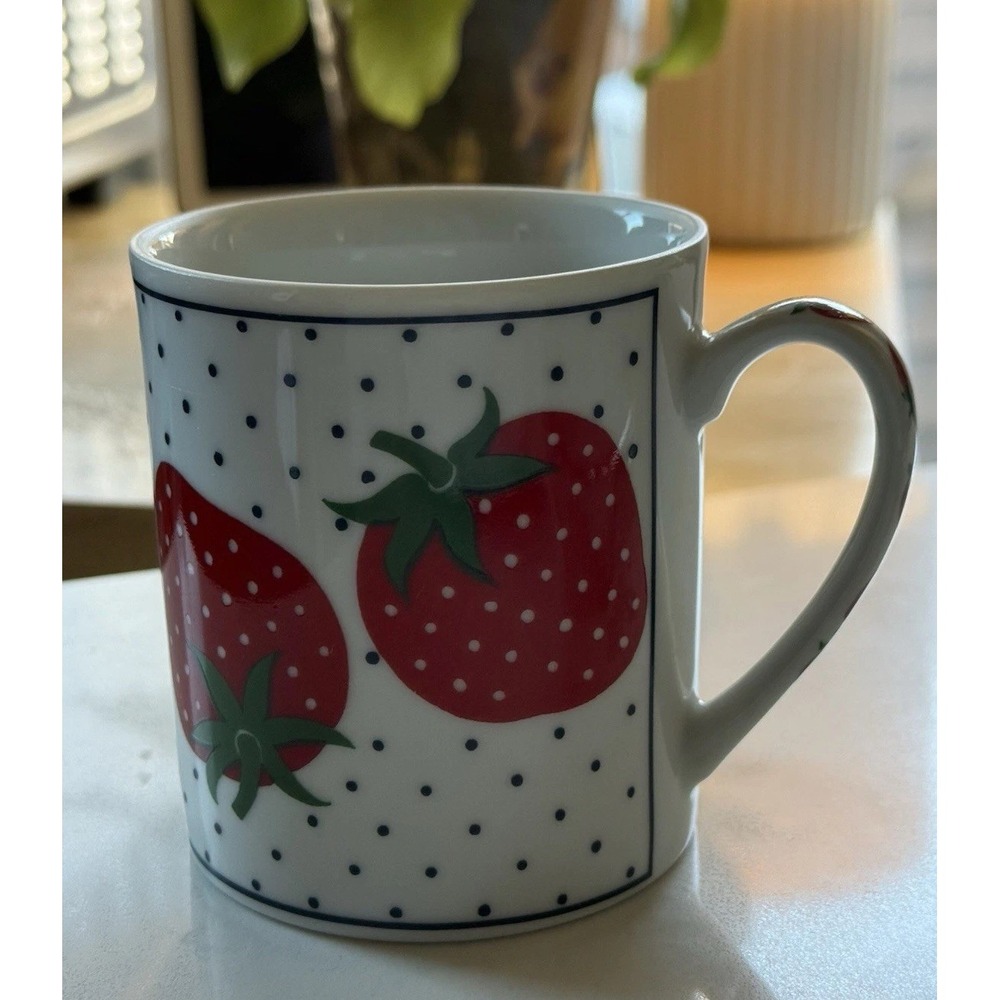 Takahashi Strawberry Polka Dots San Francisco Ceramic Mug  Vintage Japan